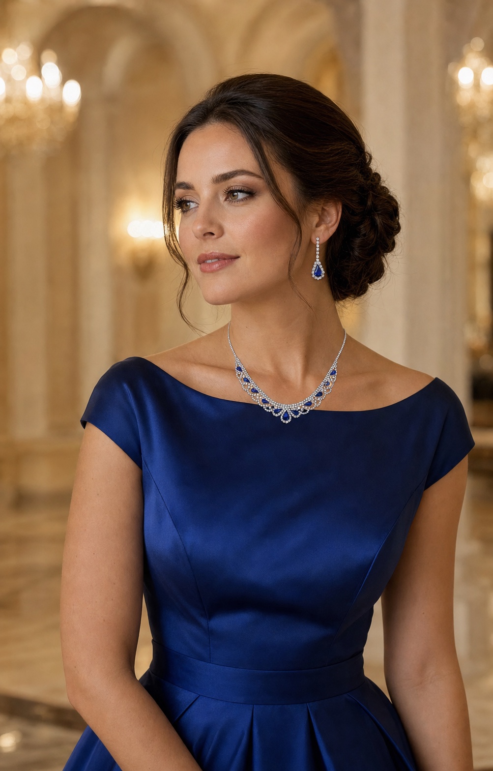 Prom model wearing coordinated crystal jewelry
